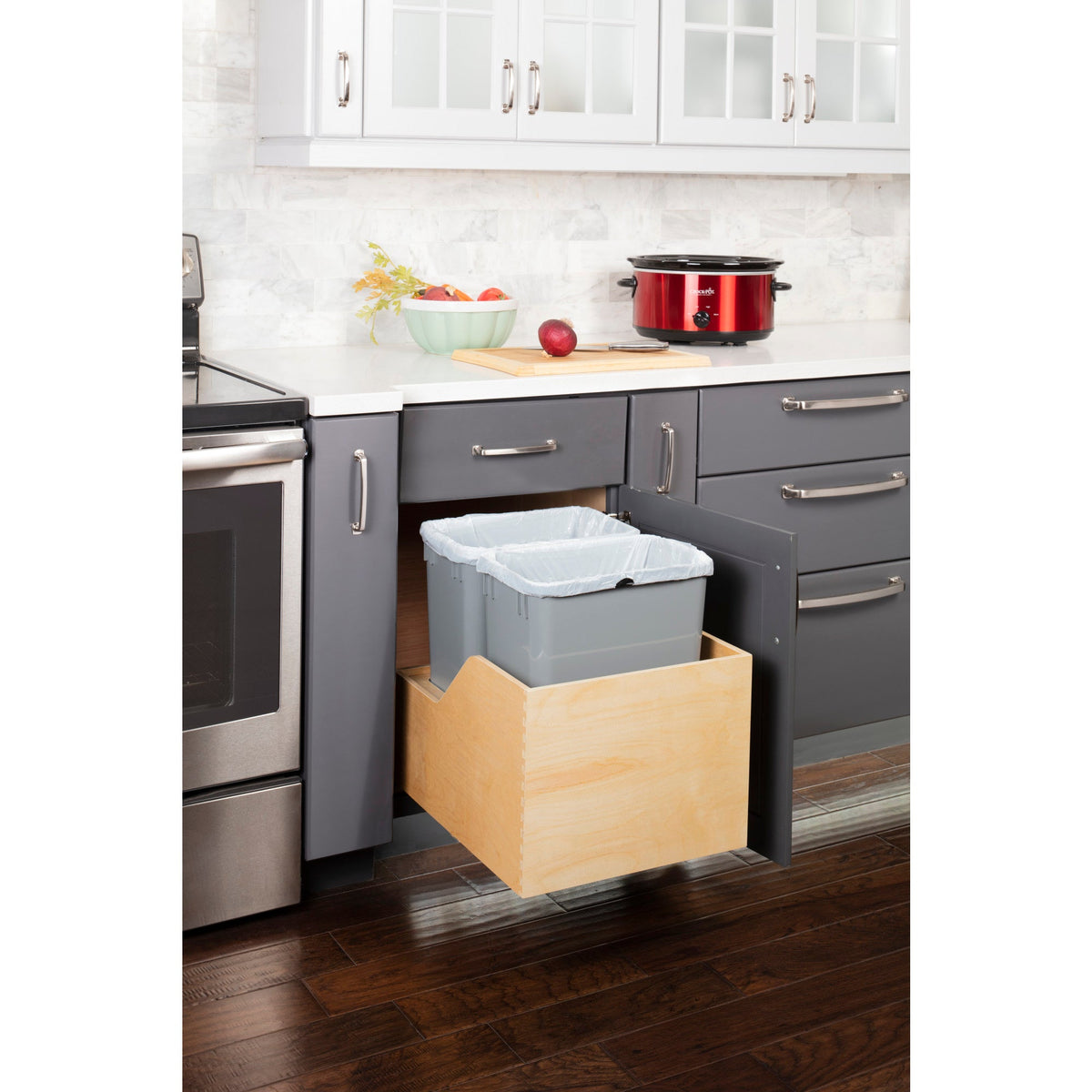 Double 35 Quart Wood Bottom-Mount Soft-close Trashcan Rollout for Hinged Doors, Includes Two Grey Cans
