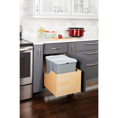 Double 35 Quart Wood Bottom-Mount Soft-close Trashcan Rollout for Hinged Doors, Includes Two Grey Cans