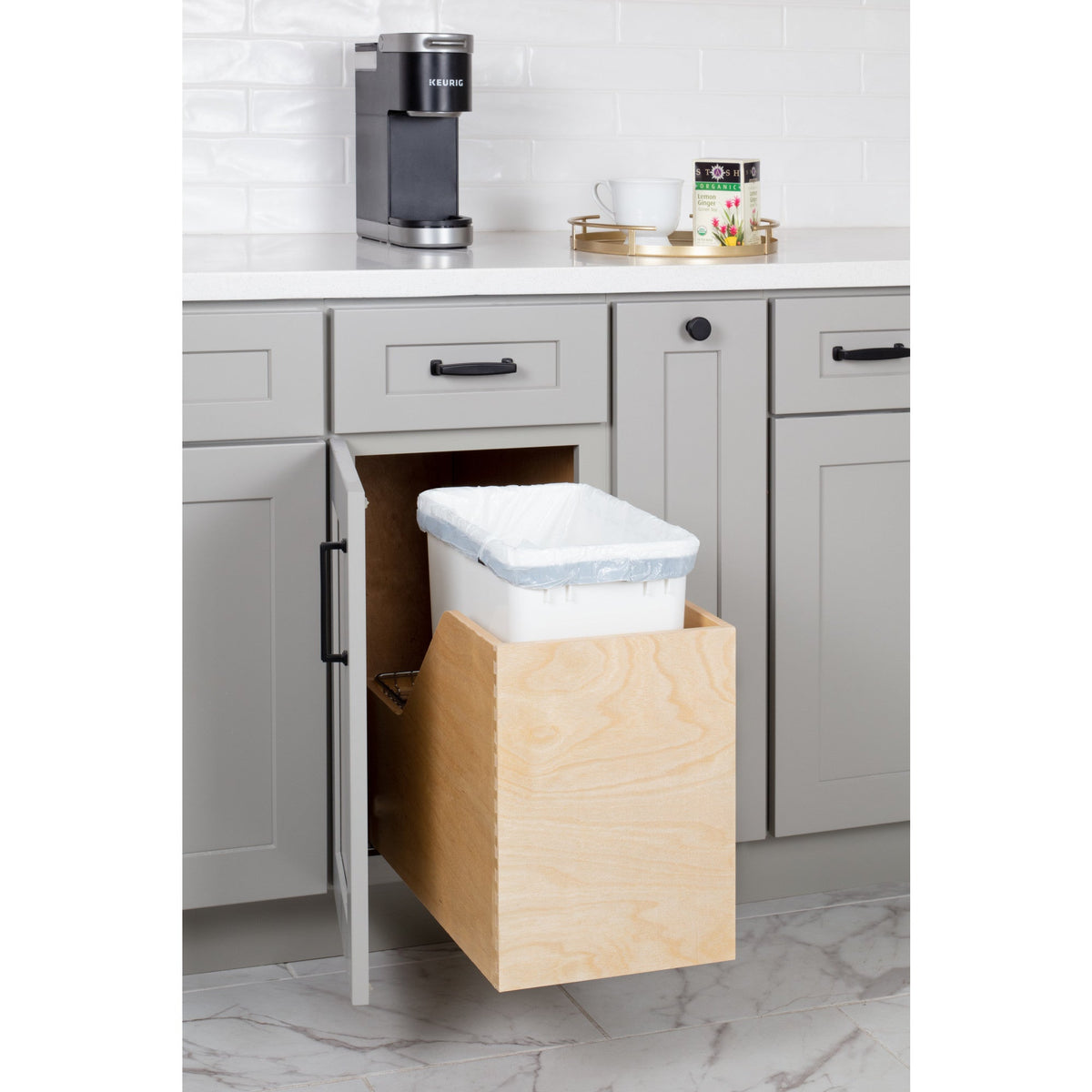 Single 35 Quart Wood Bottom-Mount Soft-close Trashcan Rollout for Hinged Doors, Includes One White Can