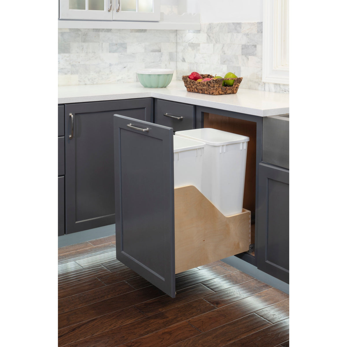 Double 50 Quart Wood Bottom-Mount Soft-close Trashcan Rollout for Door Mounting, Includes Two White Cans