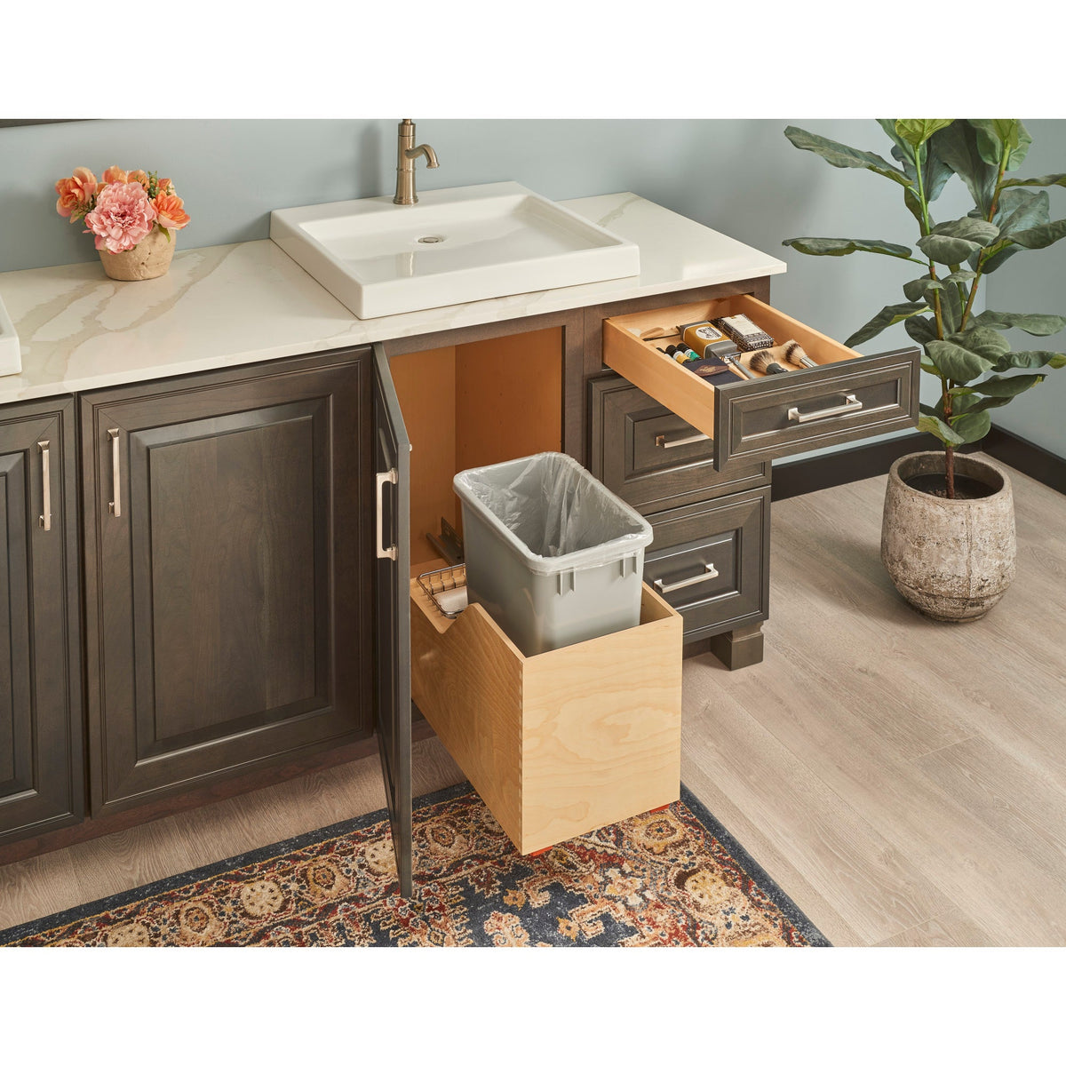 Single 35 Quart Wood Bottom-Mount Soft-close Trashcan Rollout for Hinged Doors, Includes Grey Can