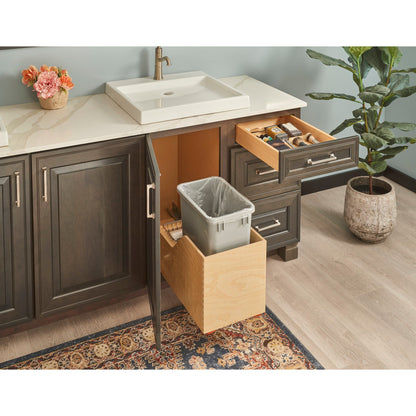 Single 35 Quart Wood Bottom-Mount Soft-close Trashcan Rollout for Hinged Doors, Includes Grey Can