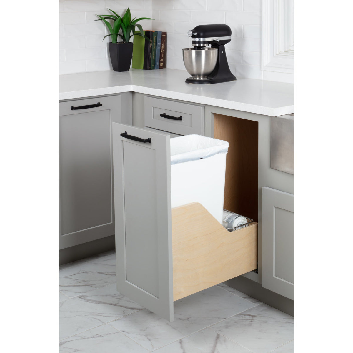 Single 50 Quart Wood Bottom-Mount Soft-close Trashcan Rollout for Door Mounting, Includes One White Can