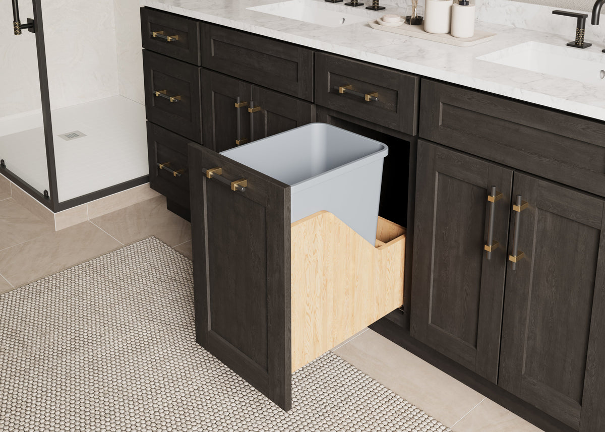 Single 35 Quart Wood Bottom-Mount Soft-close Vanity Trashcan Rollout for Door Mounting, Includes One Grey Can