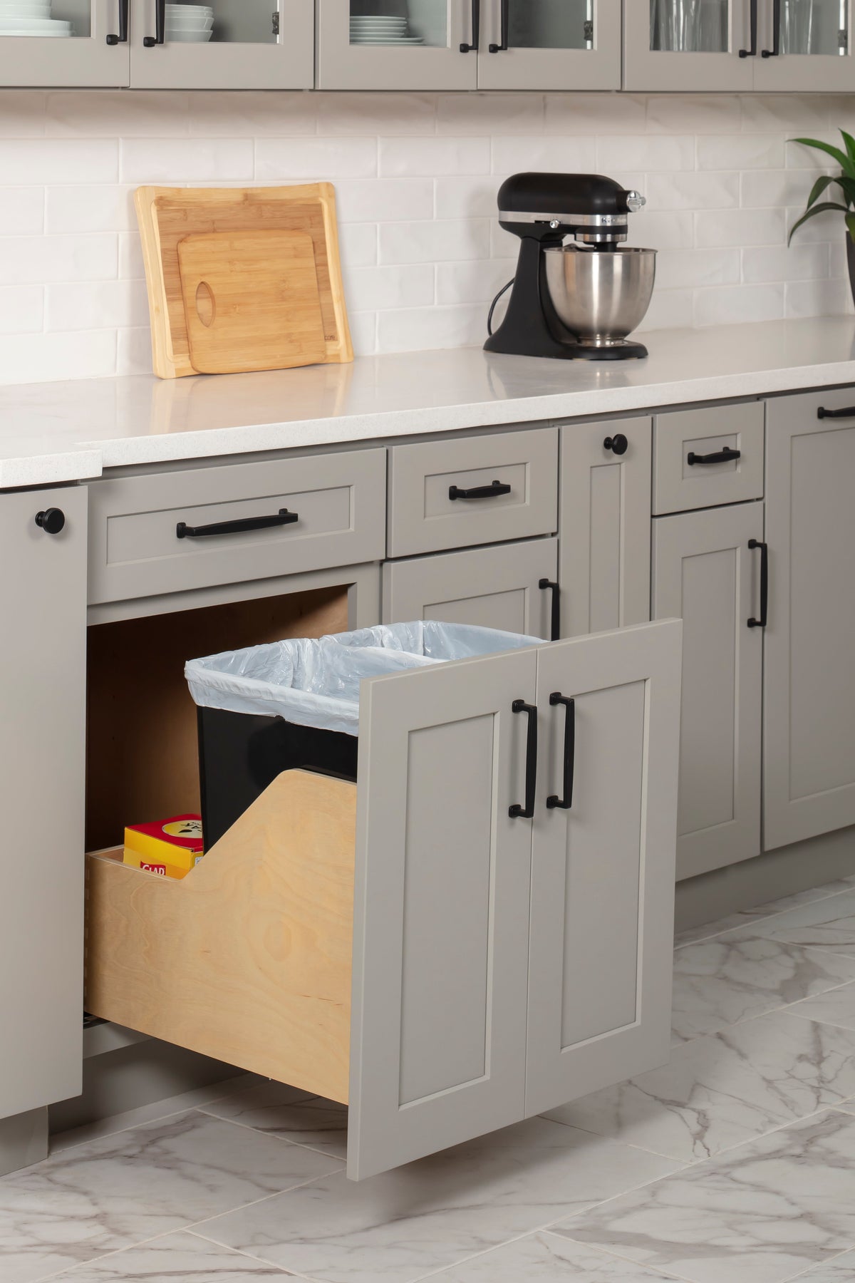 Double 35 Quart Wood Bottom-Mount Soft-close Trashcan Rollout for Door Mounting, Includes Two Black Cans and Door Joining Bracket