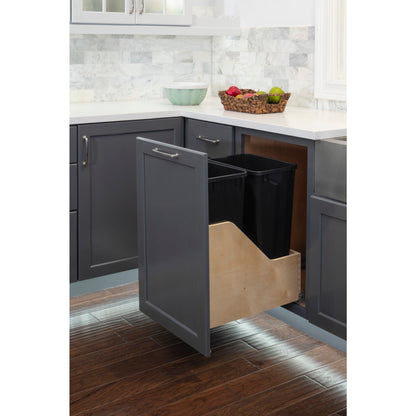 Double 50 Quart Wood Bottom-Mount Soft-close Trashcan Rollout for Door Mounting, Includes Two Black Cans