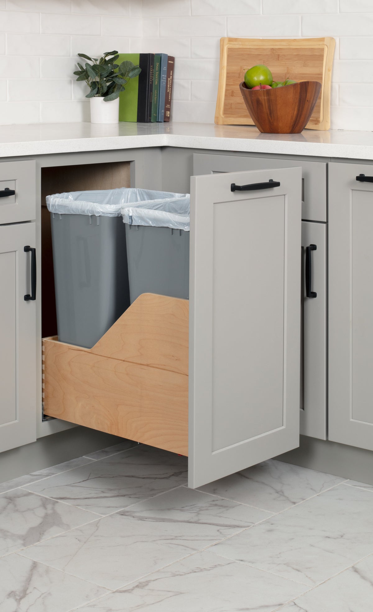 Double 50 Quart Wood Bottom-Mount Soft-close Trashcan Rollout for Door Mounting, Includes Two Grey Cans