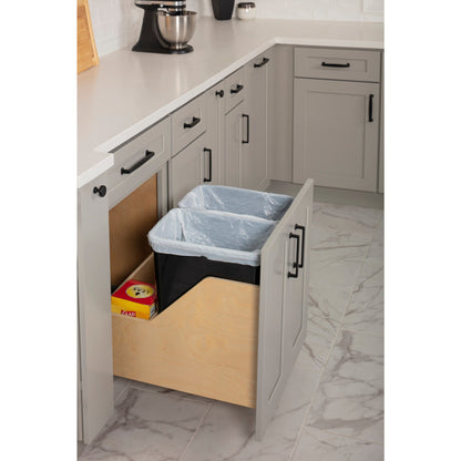 Double 35 Quart Wood Bottom-Mount Soft-close Trashcan Rollout for Door Mounting, Includes Two Black Cans and Door Joining Bracket