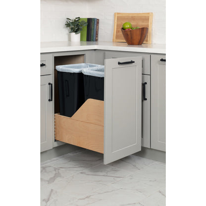 Double 50 Quart Wood Bottom-Mount Soft-close Trashcan Rollout for Door Mounting, Includes Two Black Cans