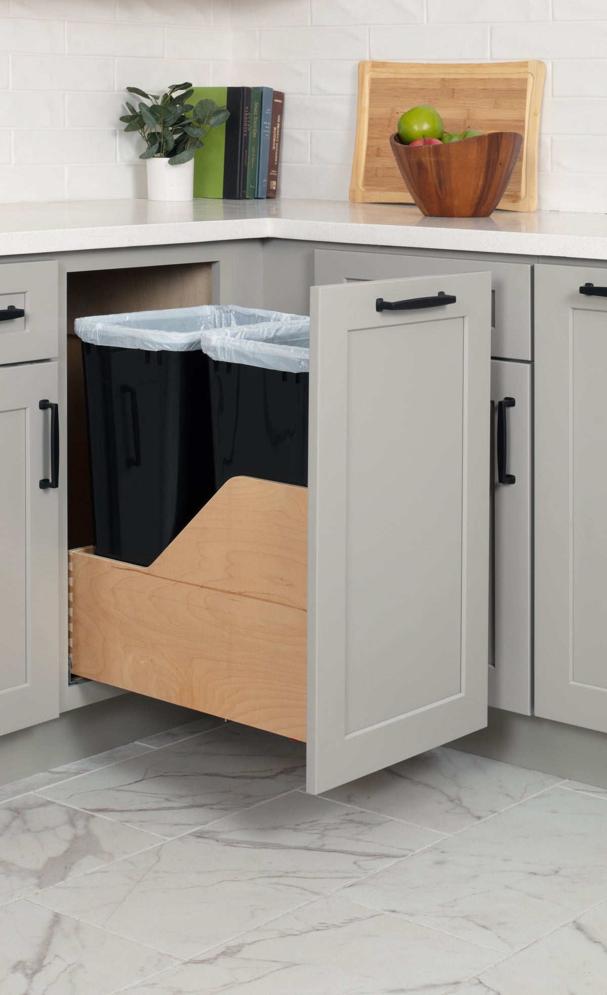 Double 50 Quart Wood Bottom-Mount Soft-close Trashcan Rollout for Door Mounting, Includes Two Black Cans