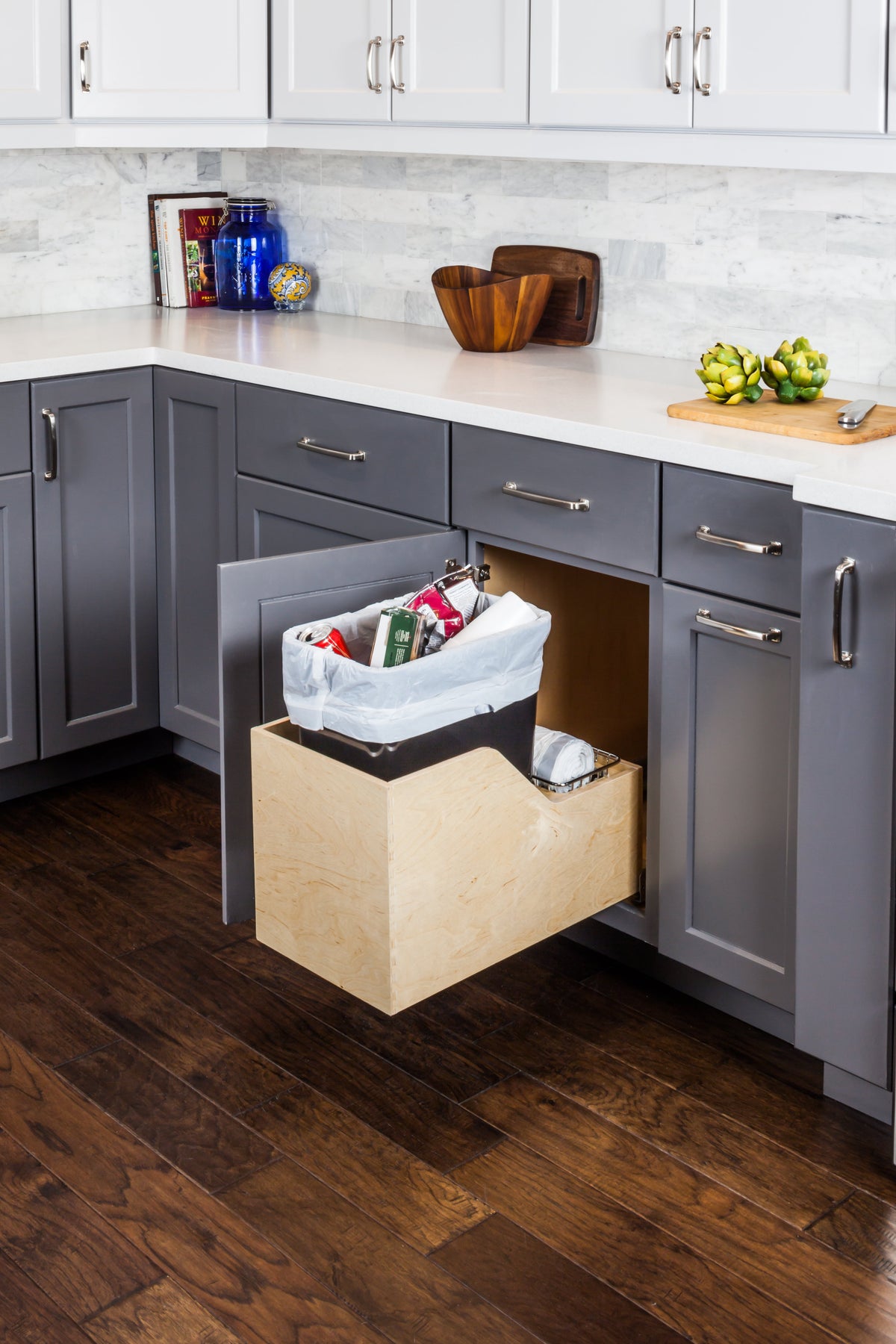 Single 35 Quart Wood Bottom-Mount Soft-close Trashcan Rollout for Hinged Doors, Includes One Black Can