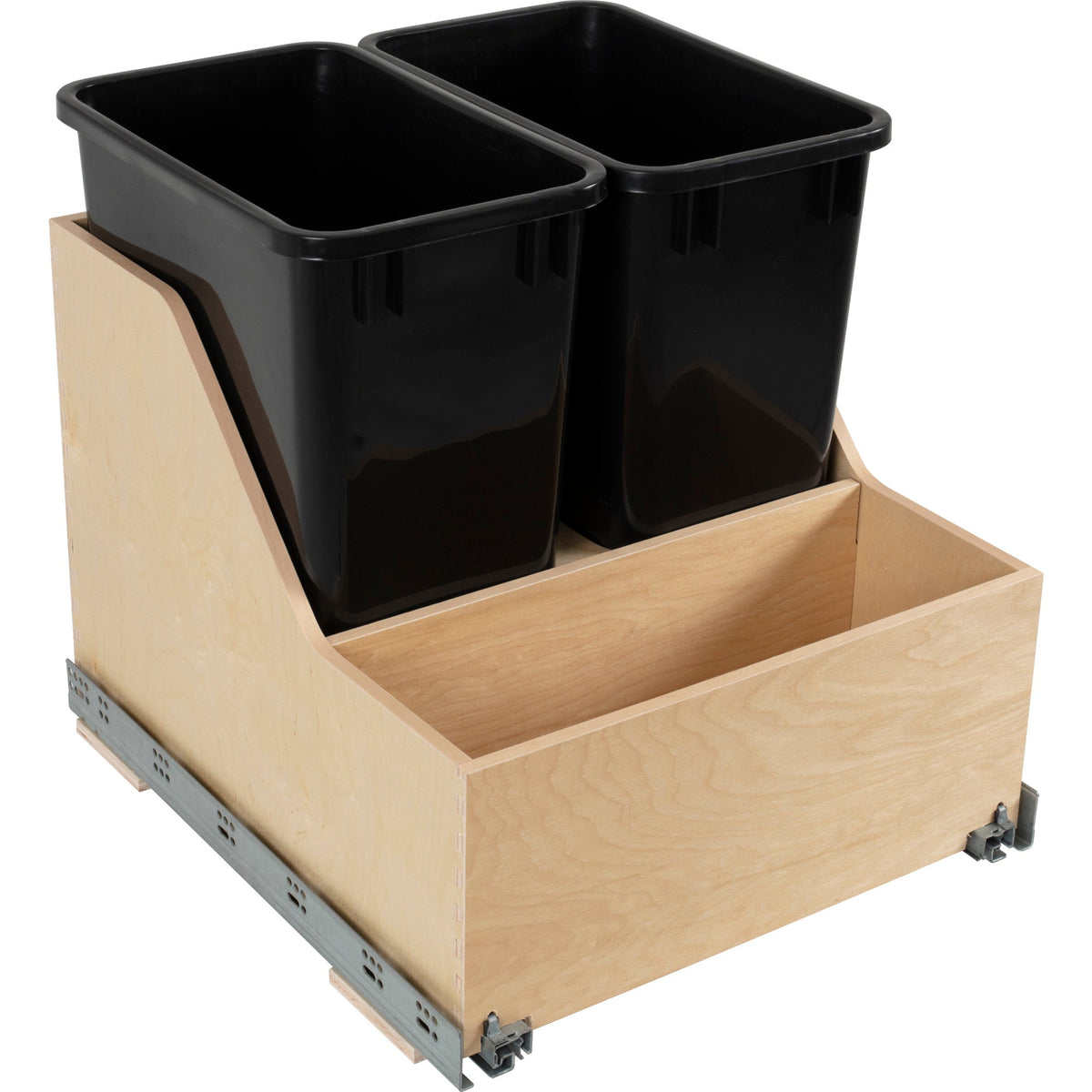 Double 35 Quart Wood Bottom-Mount Soft-close Trashcan Rollout for Door Mounting, Includes Two Black Cans and Door Joining Bracket