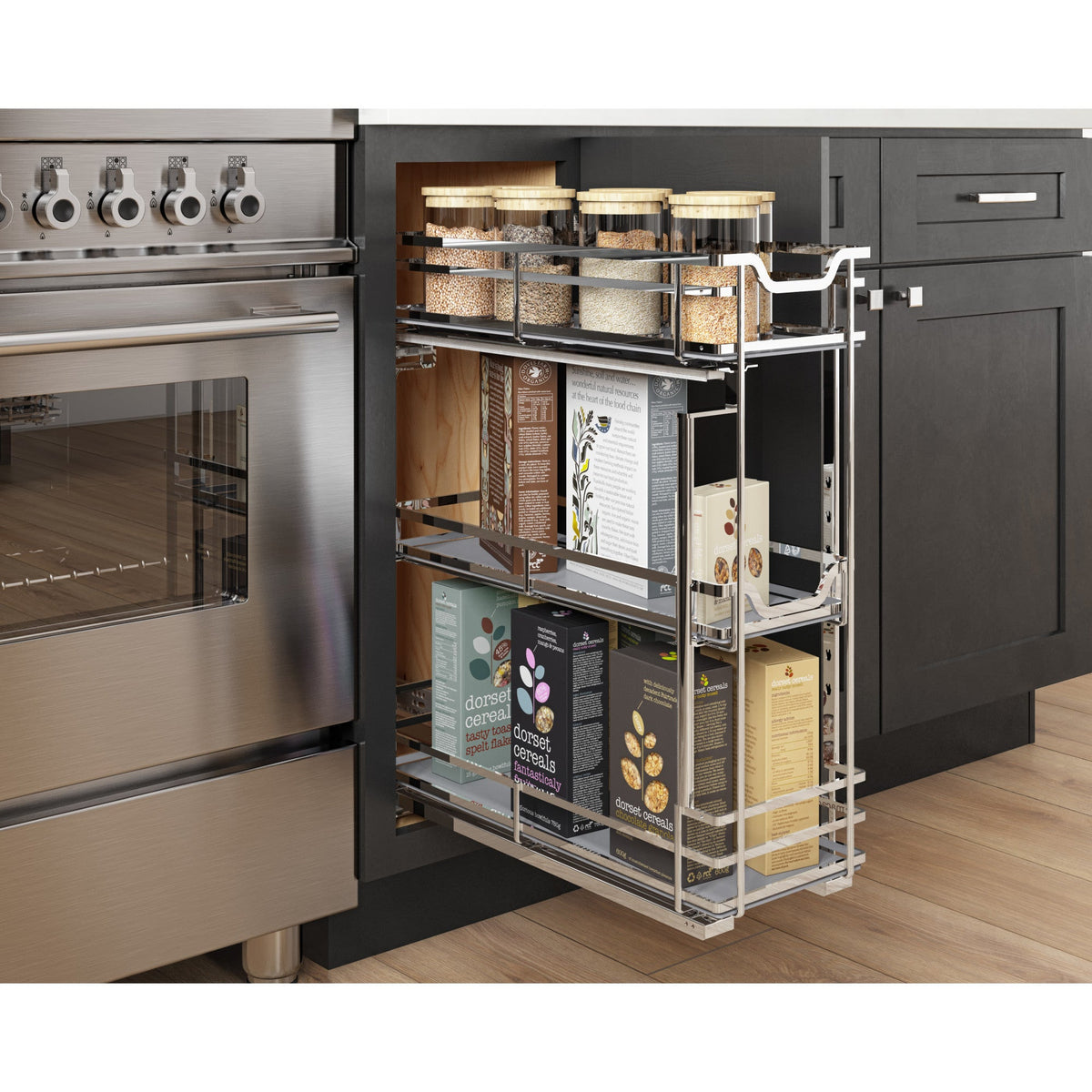 8" Polished Chrome STORAGE WITH STYLE® Metal "No Wiggle" Soft-close Base Pullout