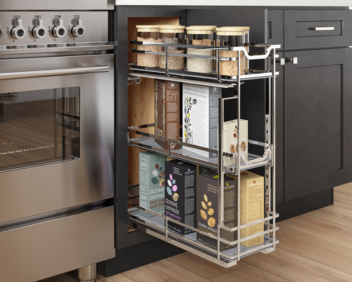 8" Polished Chrome STORAGE WITH STYLE® Metal "No Wiggle" Soft-close Base Pullout
