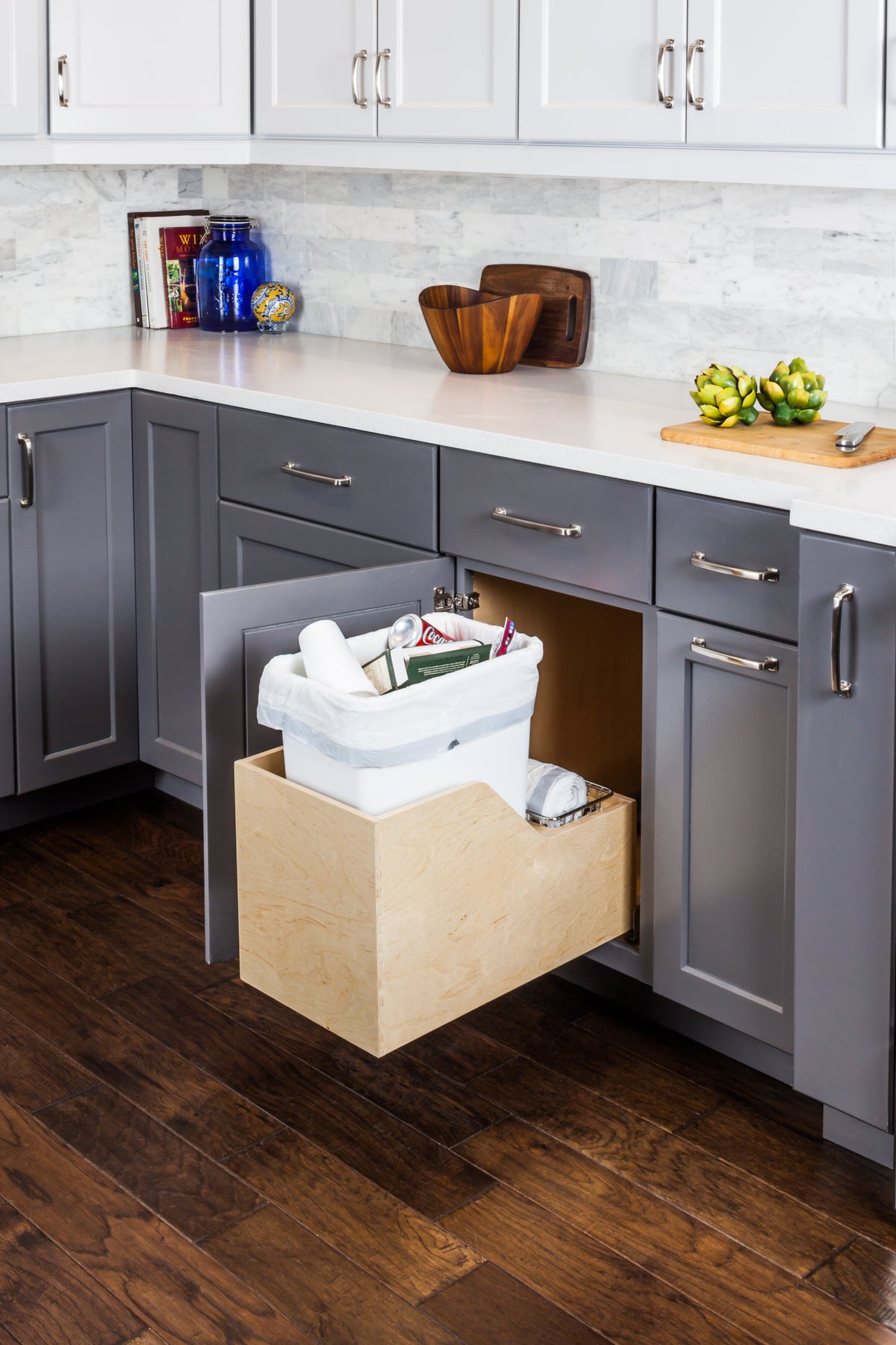 Single 35 Quart Wood Bottom-Mount Soft-close Trashcan Rollout for Hinged Doors, Includes One White Can
