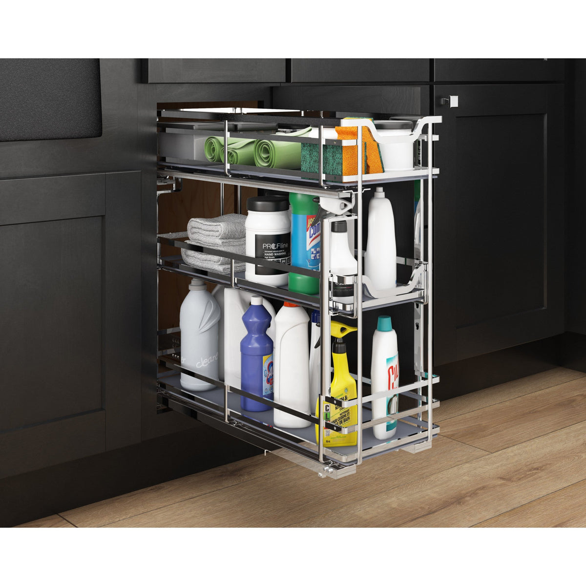8" Polished Chrome STORAGE WITH STYLE® Metal "No Wiggle" Under Drawer Soft-close Base Pullout