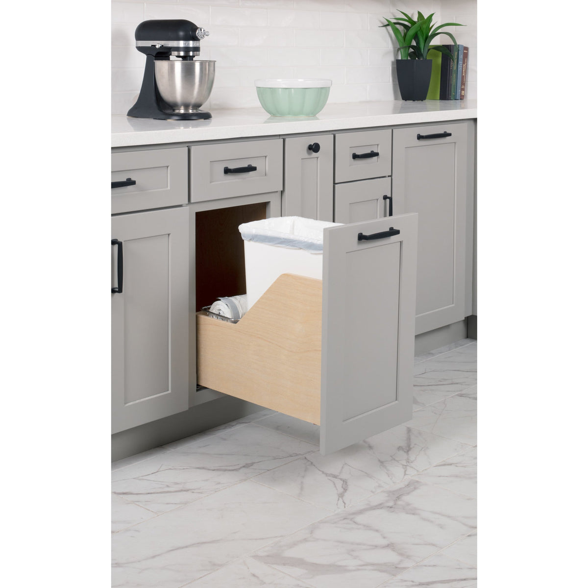 Single 35 Quart Wood Bottom-Mount Soft-close Trashcan Rollout for Door Mounting, Includes One White Can