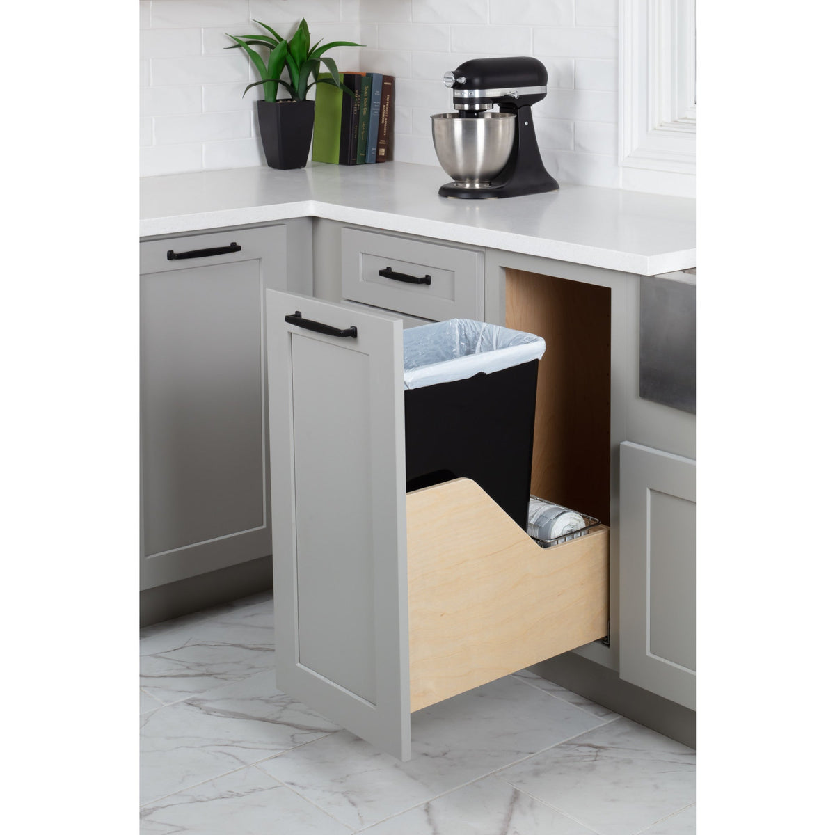 Single 50 Quart Wood Bottom-Mount Soft-close Trashcan Rollout for Door Mounting, Includes One Black Can